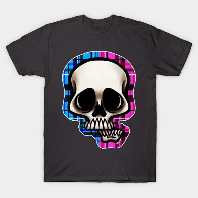 Pink and Blue Split Plaid Skull T-Shirt by Jan Grackle